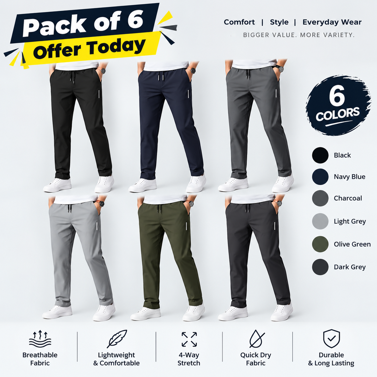 Power Lycra Men's Track Pant Breathable Workout Pants (Pack of 6)